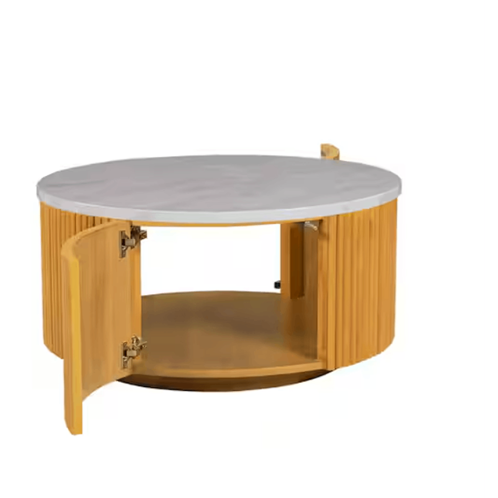 Layana 35.5 in. Natural/Faux White Marble Round MDF Coffee Table - Image 2