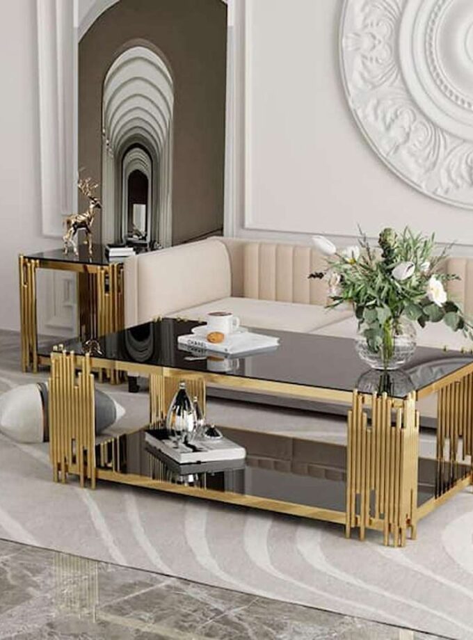 51 in. Black Rectangle Glass Coffee Table, Tempered Glass and Stainless Steel Legs, 2-Tier Center Table for Living Room