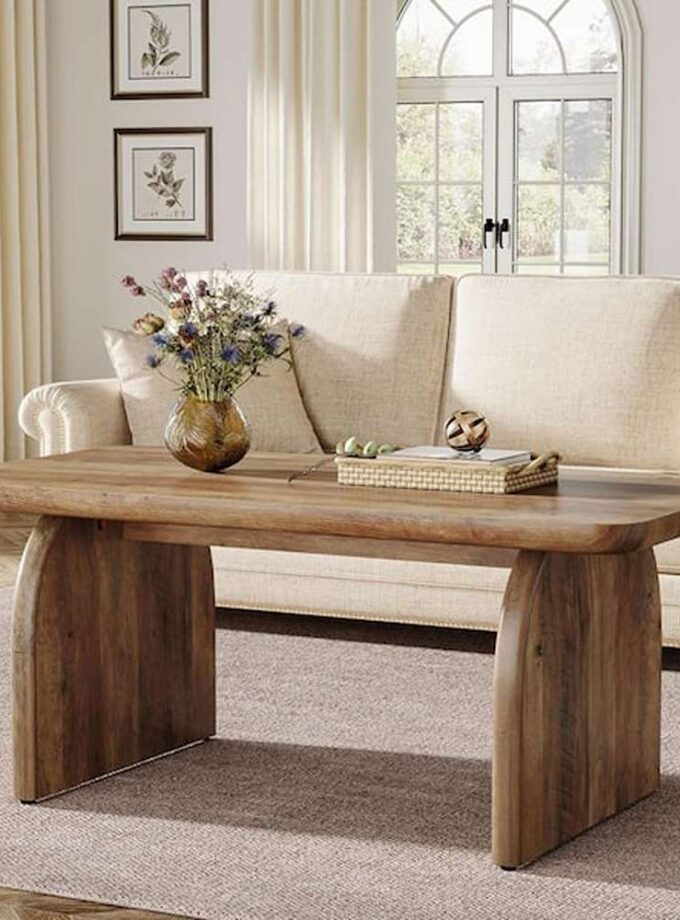 Allan 47 in. Brown Rectangle Wood Coffee Table with Sturdy Base and Rounded Corners, Farmhouse Accent Center Table