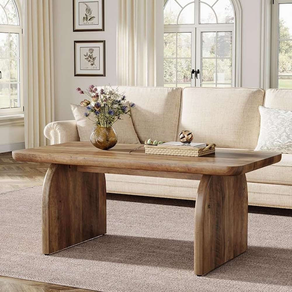 Allan 47 in. Brown Rectangle Wood Coffee Table with Sturdy Base and Rounded Corners, Farmhouse Accent Center Table