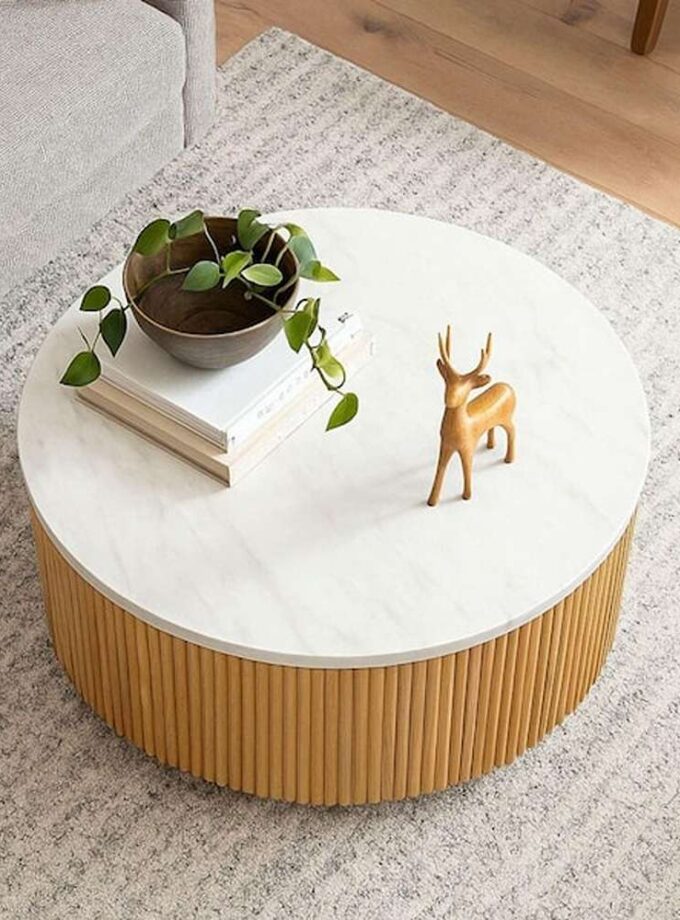 Layana 35.5 in. Natural/Faux White Marble Round MDF Coffee Table