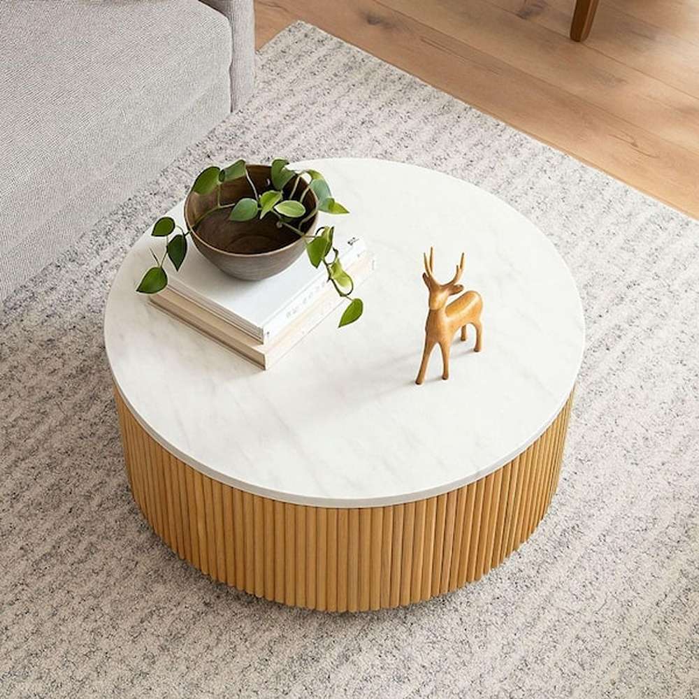 Layana 35.5 in. Natural/Faux White Marble Round MDF Coffee Table